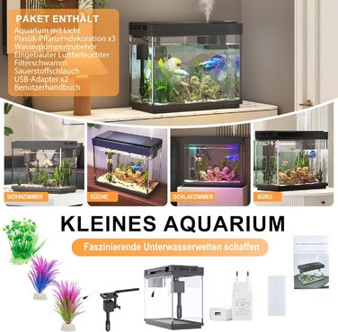 Акваріум Vehipa Nano 9L з інтелектуальним зволожувачем повітря, індикатором температури, склом UHD, 7-кольоровим підсвічуванням, 3-в-1 насосом з фільтрацією, подачею кисню та циркуляцією, чорний