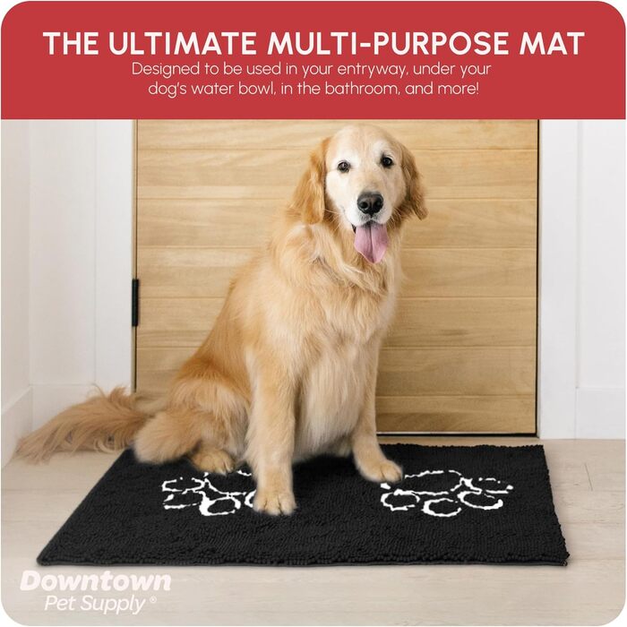 Килимок для собак My Doggy Place з мікрофібри для брудних лап, 91.4 x 66 см, швидковисихаючий, вбираючий, для прання та сушки в машині, з антиковзким гумовим покриттям (91 x 66 x 3 см, Чорний з відбитком лапи)