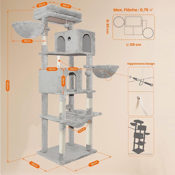 Котячий комплекс LEEJARD XXL: великий дерев'яний будиночок для котів з платформами, стійками для шліфування, будиночком, гамаком, іграшками та захистом від перекидання (180 см, світло-сірий)