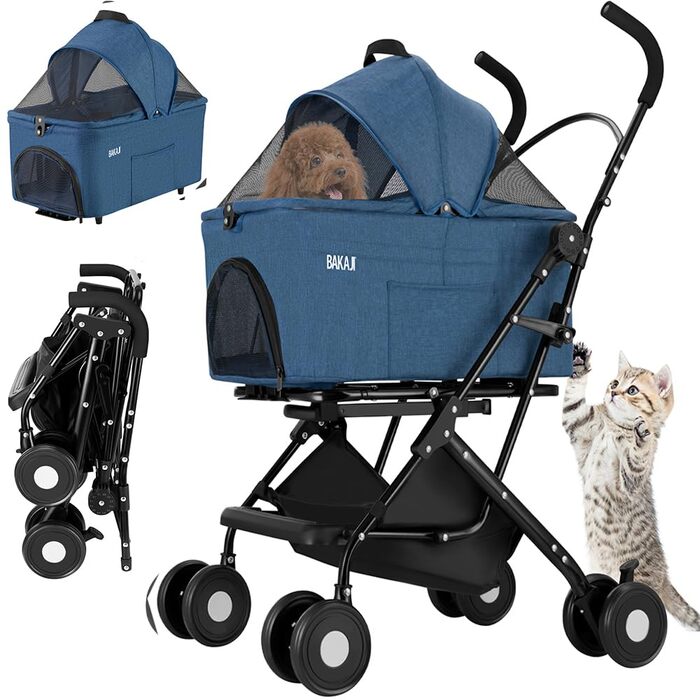 Дитячий візок для тварин BAKAJI 2 в 1, 40 кг, складний, знімний кокон, візок для собак та котів з кошиком для зберігання (блакитний)