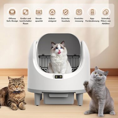 Автоматичний лоток для котів Katzenklo з самоочищенням, з датчиком безпеки та керуванням через додаток, великий об'єм, антизажим, відкритий тип