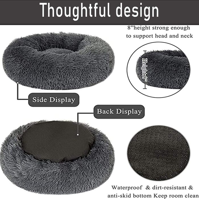 Крісло-лежанка для собак HANHAN у вигляді пончика, XL/XXL, ортопедичне, м'яке, заспокійливе, антистрес, софа, затишна печерка, легко миється, середній матрац, велике, темно-сіре