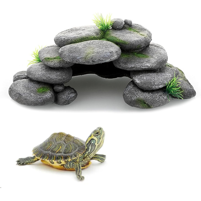 Печера для акваріума Bebochoi, декор для акваріума великий, печерна декорація з зеленою травою, аксесуари для черепах, для риб та креветок, укриття, декор з гірського каменю, 23 x 12.5 x 7.5 см