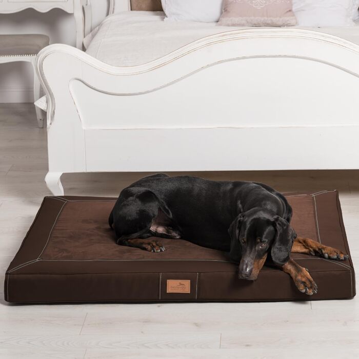 Ортопедичний лежак для собак Tierlando® Oscar VIP з екошкіри та велюру, з в'язкоеластичною піною, антипрослизкова підкладка, 100x80 см, коричневий