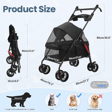 Складаний візок для собак з 4 колесами та дихаючою сіткою - Легкий транспортний візок для маленьких собак та котів до 10 кг, з регульованим сонцезахистом, тримачем для напоїв та страхувальним ременем, Чорний