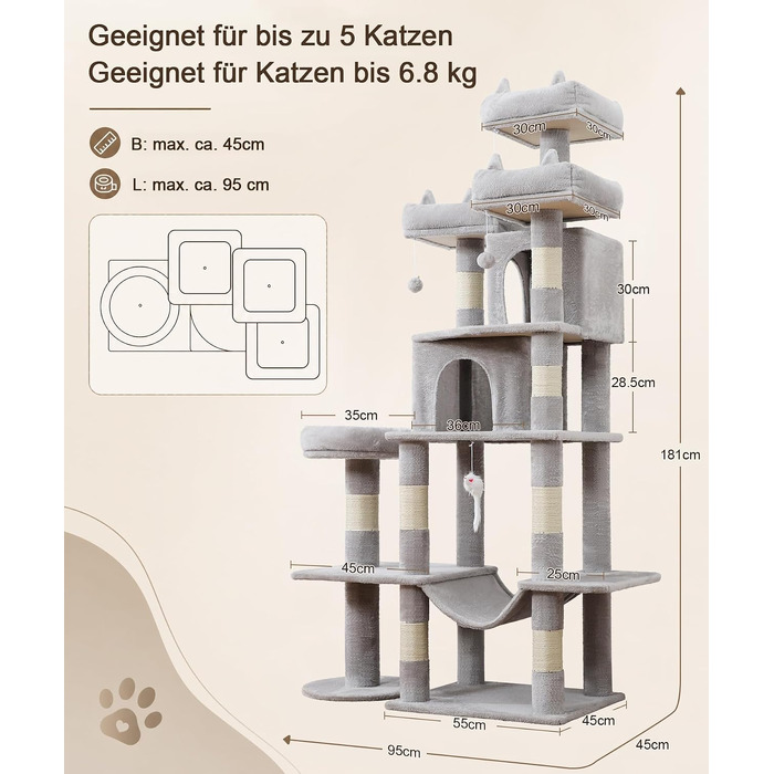 Ігровий комплекс для котів Kratzbaum, 181 см, когтеточка-будиночок для квартири (світло-сірий)