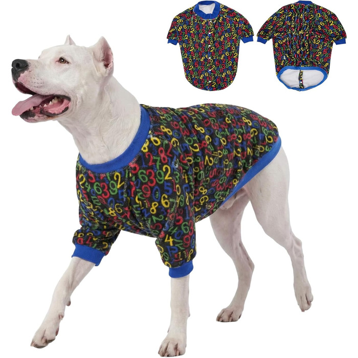 Світер LovinPet для великих порід собак, легкий фланелевий одяг, дихаючий матеріал з принтом 'Бегемот-Зоопарк', синій (X-Large, чорні цифри)