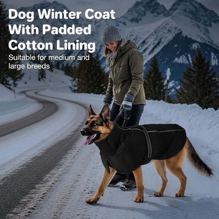 Водонепроникний зимовий теплий одяг для собак - тепла куртка з флісовою підкладкою та високим коміром, чорна, для середніх та великих порід
