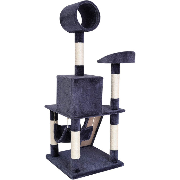Дерево для котів Lionto з гамаком та тунелем, 133 см, з сизалевого мотузка та м'якого плюшу, зручні лежанки та печери, підходить для котів будь-якого розміру, темно-сірий