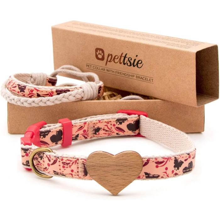 Нашийник для собак Pettsie з серцем та браслетом дружби, регульовані розміри S та M, зручний дизайнерський льон, міцний та довговічний, чудовий подарунок для любителів собак (26,7 - 36,8 см (S), червоний)