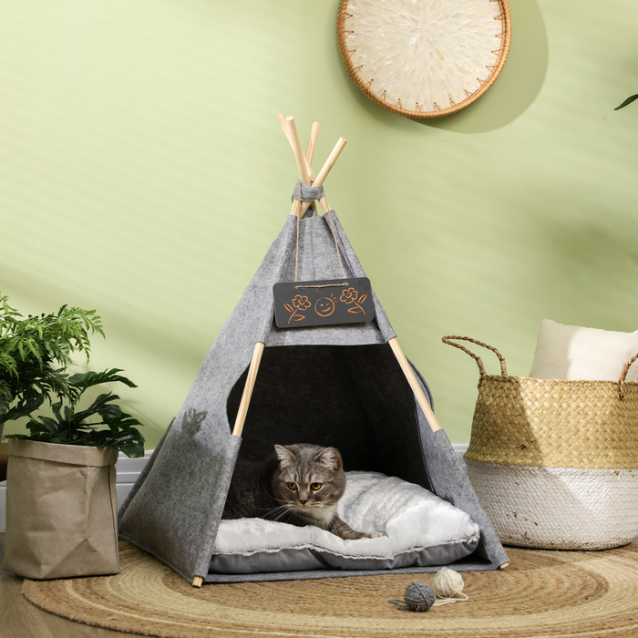 PawHut Pet Tent Cat House & Dog Tent з м'якою подушкою з плюшу та фетру, можна прати в пральній машині, сірий 58x58x80 см