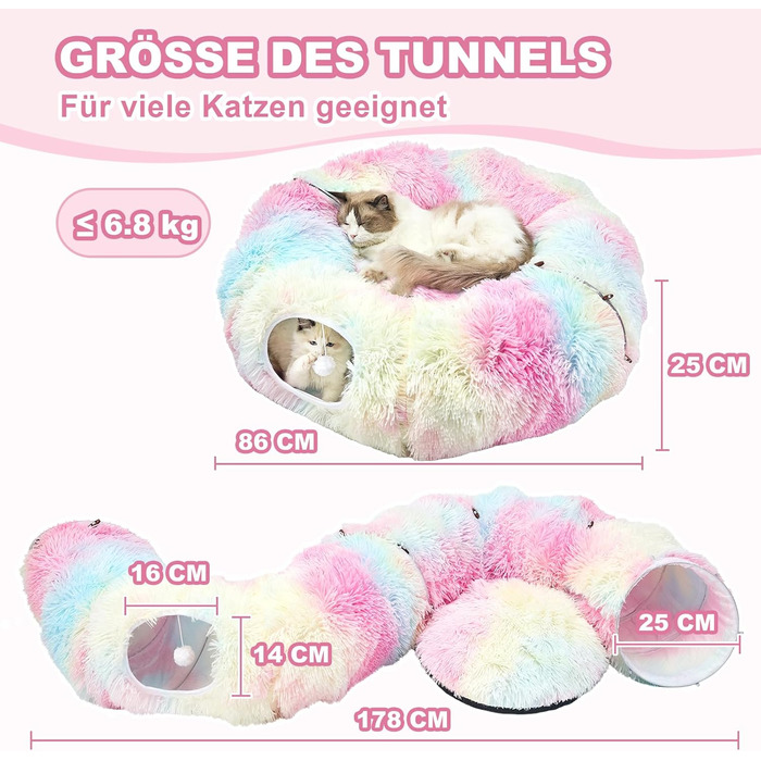 Тунель-ігровий комплекс для котів з лежаком, XXL, з бавовняного плюшу, з іграшками, для котів, кроликів, ховрашків, кольоровий