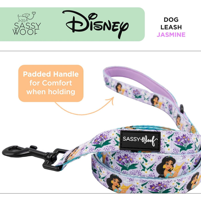 Повідок для собак Sassy Woof Disney Princess Jasmine, 152 см, з неопреновою ручкою, офіційна ліцензія, міцний і стильний, для малих і великих собак