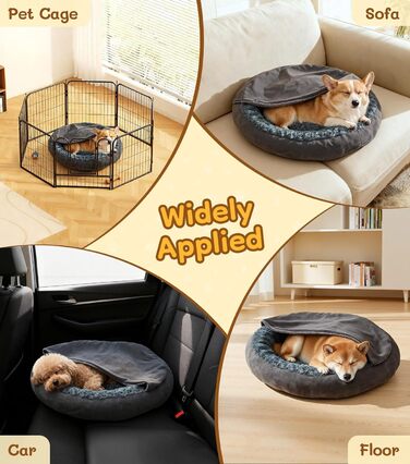 Кругла лежанка для собак та котів з капюшоном, розмір M, сіра, 60 x 60 x 19 см, м'яка, з антиковзною основою, самонагріваюча, для заспокоєння, миється