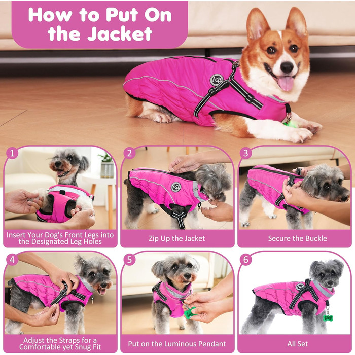 Зимовий одяг для собак, теплий водонепроникний одяг для собак з шлейкою, світловідбиваючі смуги, LED-ошийник, зимові куртки та одяг для маленьких та середніх собак, рожевий, розмір S