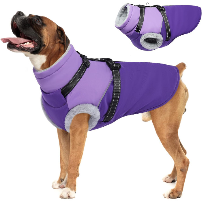 Водонепроникна та вітронепроникна куртка для собак великих порід з інтегрованим шлейкою та флісовою підкладкою, фіолетовий, XX-Large