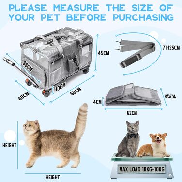Велика переноска для тварин з двома відділеннями та колесами для кота/собаки, знімна складана переноска для 2 котів до 20 кг, вентильована переноска-рюкзак для котів для подорожей/походів/кемпінгу