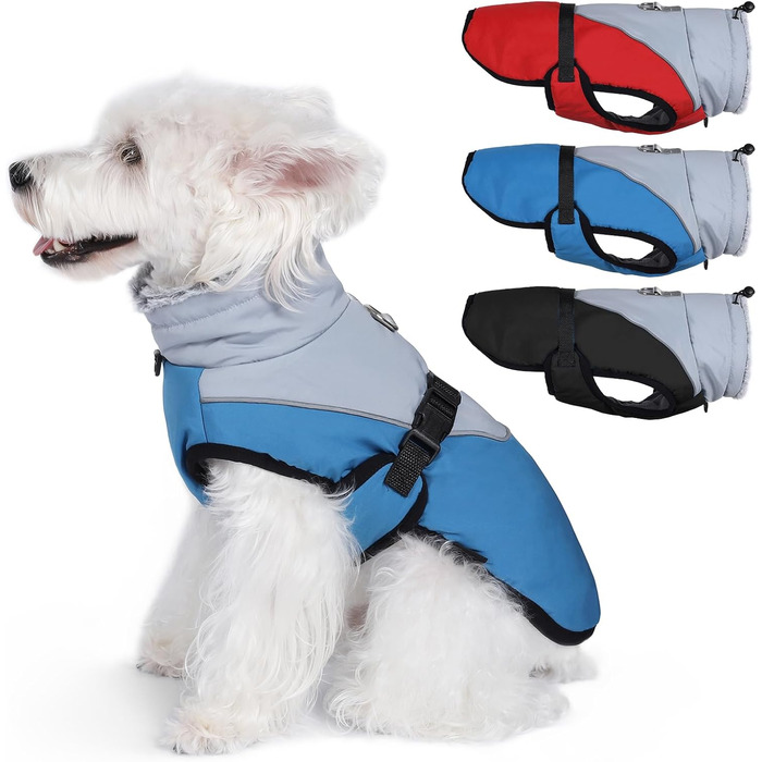 Зимова куртка для собак Savot Warmer Hundemante: водонепроникна, з регульованим капюшоном та флісовою жилеткою, з кільцем D, для собак середніх та великих порід (M, Синій)