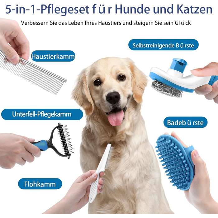 Набір щіток для собак, 5 шт., для грумінгу, самоочищувані, для великих та середніх собак, котів та дрібних тварин, для довгої та короткої шерсті, зменшує випадання шерсті, блакитний