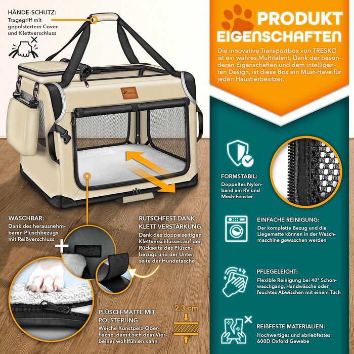Транспортна переноска для собак та котів TRESKO® M (61x42x42cm) з підкладкою, лопаткою та світловідбивачами