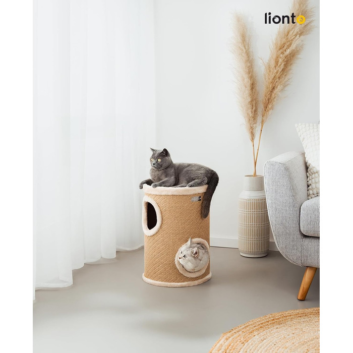 Котячий кігтетоп Lionto з сизалю з іграшковим м'ячиком та плюшевим обідком, висота 50 см. Стабільний кігтетоп для кошенят та дорослих котів, ідеальний догляд за кігтями та розваги, багато місць для ховання, діаметр 36 см, висота 50 см (джут).