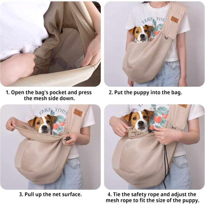 Сумка-переноска для собак з дихаючої сітки, регульований ремінь, сумка з кишенею, переноска для собак для подорожей на відкритому повітрі (Бежевий-L)