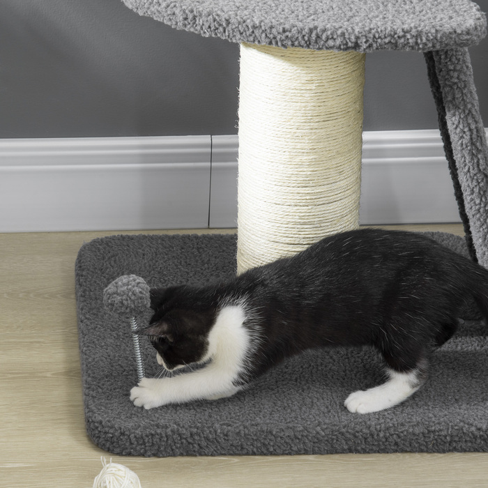 PawHut Cat Tree Велике 92 см Котяче дерево з імітацією баранячої шкіри, дряпаючим стеблом, платформою та ігровим м'ячем, темно-сіро-кремово-біле