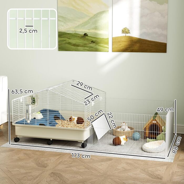 Клітка для дрібних тварин PawHut з вольєром, клітка для кроликів, клітка для дрібних тварин з пляшкою для води, годівницею для сіна, рампою, коліщатками. Підходить для морських свинок та їжаків. Білий колір.