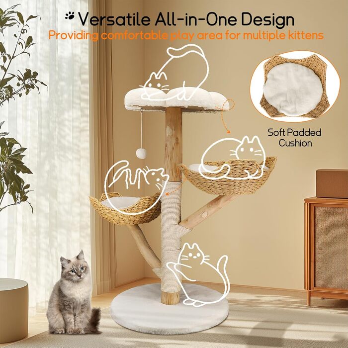 Кігтеточка BingoPaw Modern для котів: дерев'яна кігтеточка 111 см з 2 кошиками з лози, сизалевим стовпом, платформою та плюшевим м'ячиком. Велика кігтеточка-вежа для кількох котів.