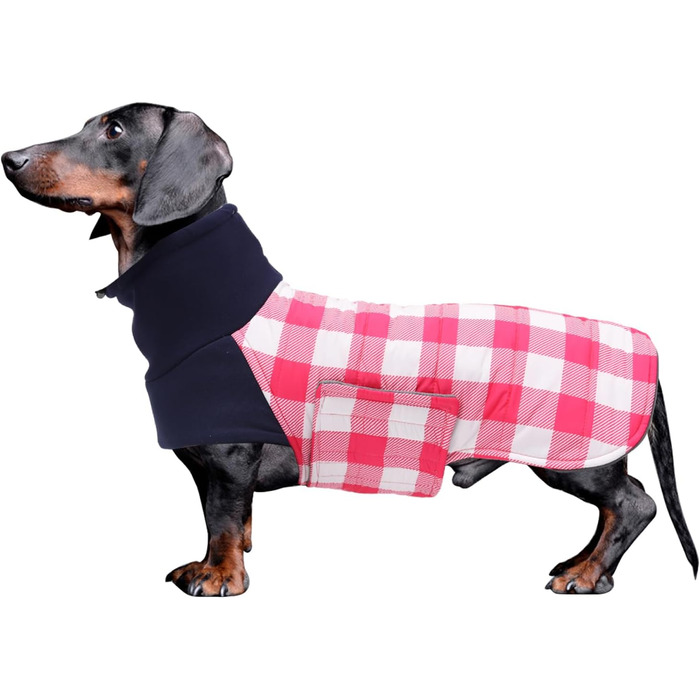Зимовий нашийник для собак Dachshund від Geyecete, водонепроникний, з отвором для повідка, теплий, для маленьких собак, рожевий в клітинку (XS)