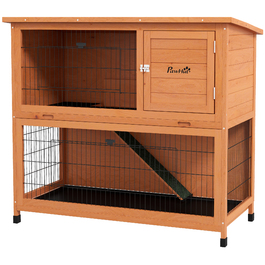 PawHut Wood Rabbit Hutch 2-поверхова будиночок для дрібних тварин з піддонами та пандусом, відкритий вольєр, асфальтовий дах для 2 кроликів Помаранчевий