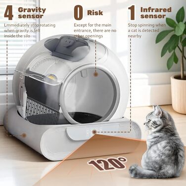Автоматичний лоток для котів великого розміру з самоочищенням, 65л + 9л, з керуванням через додаток, низький вхід, видалення запаху, для кількох котів