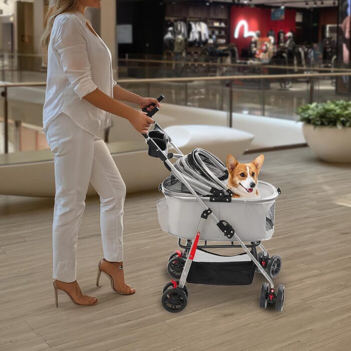 Візок для собак 3 в 1, візок для котів до 12 кг, складний, з сумкою та кошиком, сірий