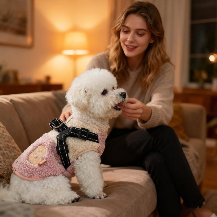 Зимова куртка для собак з флісовою підкладкою, одяг для тварин з отвором для шлейки, тепла куртка для холодної погоди, для маленьких та середніх собак, осінь, для прогулянок (рожевий та білий)