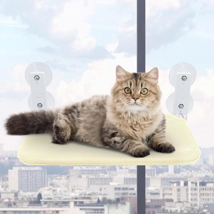 Крісло-гамак для котів Gearific на вікно, розкладне, з 4 присосками, міцним каркасом та дихаючою сіткою (Бежевий, 45 x 30 см)