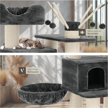 Дерев'яний комплекс для котів Tectake XXL, 195 см, з гамаком, сходами, печерею та когтеточками з сизалю, сірий/білий | 403327