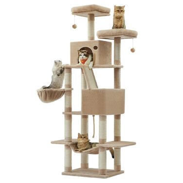 Великий котячий комплекс Feandrea з 13 стовпчиками для дряпання, 2 платформами, 2 печерами, гамаком та кошиком, 168 см, PCT165W01 (XXL, бежево-коричневий)