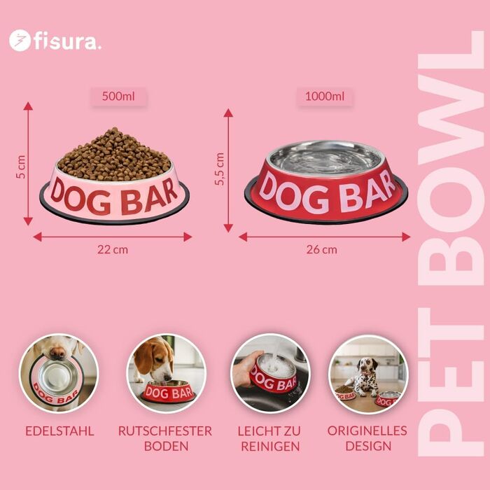 Подвійний набір мисок для собак Fisura Dog Bar з нержавіючої сталі, 500 мл + 1000 мл, рожевий та червоний, антиковзні