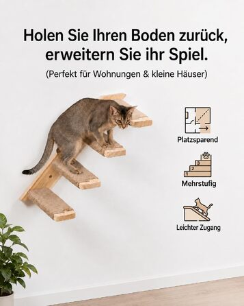 Комплект меблів для котів на стіну Katzen Kletterwand: драбинка, 2 полички для сну, 4 ступені, сосна