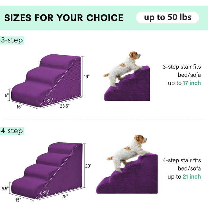 Сходинки для собак маленьких порід, 4-ступенева пандус-драбина для високих ліжок та диванів, неслизькі сходинки для домашніх тварин, знімний та легко миючийся чохол, фіолетовий, 4-ступеневі флісові сходинки