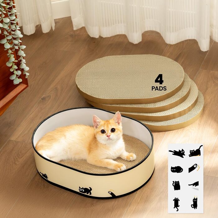 Кігтеточка для котів з будиночком та 4 змінними шарами - велика кігтеточка з міцного гофрокартону, двосторонні шари з наклейками DIY - лежанка для котів у квартирі, захист меблів, чорна, велика