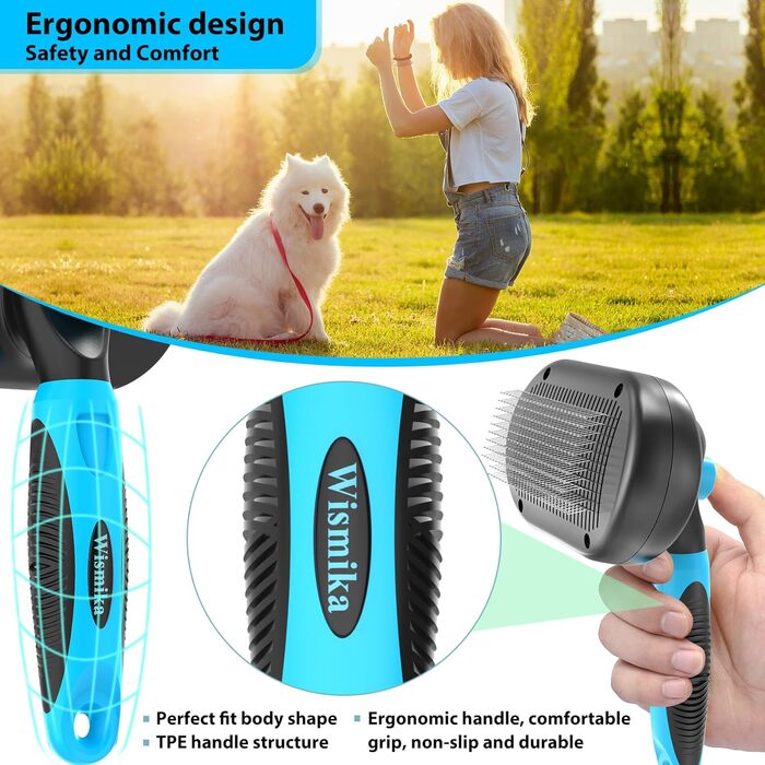 Двостороння щітка для грумінгу собак та котів 2-в-1, видаляє підшерстя, вичісує шерсть, самоочисна, блакитна