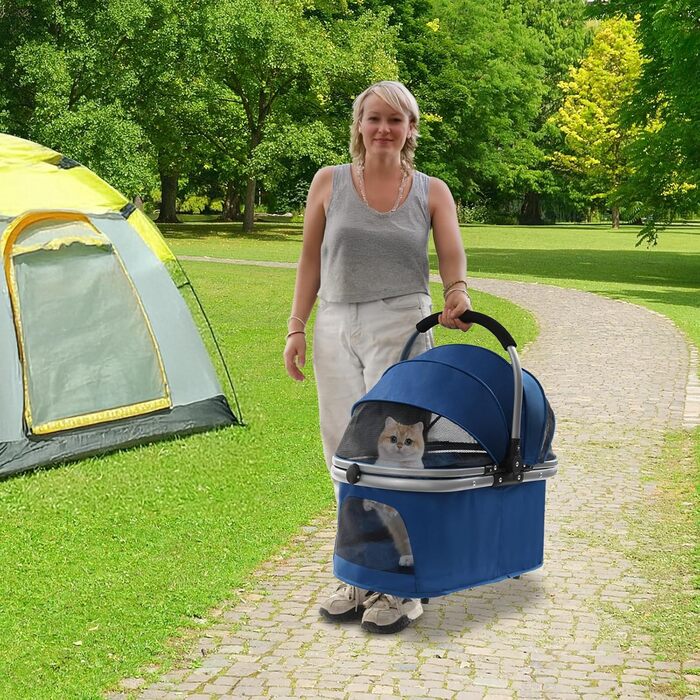 Складаний візок для собак 3-в-1 до 12 кг – Легкий візок для собак з знімним кошиком, регульованою ручкою та повітряпроникним дизайном для маленьких собак та котів (Темно-синій)
