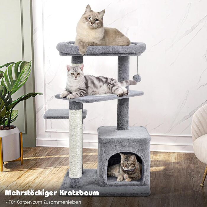 Дряпак для котів COSTWAY, 85 см, з будиночком, м'яким сидінням, м'ячиком та сизалевими стовпчиками, сірий