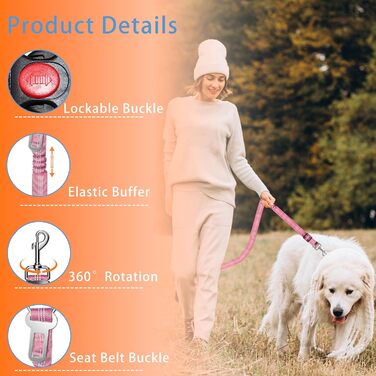 Безпечний поводок для собак у машину Seyezo, 3 шт., регульований, світловідбиваючий, для кріплення до підголів'я, рожевий