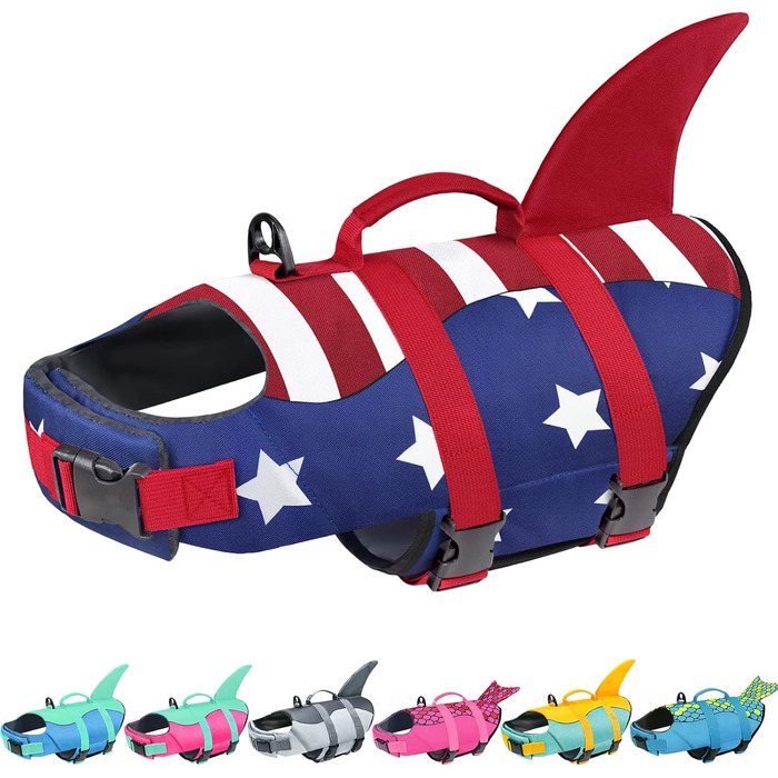Жилет для плавання собак Malier, Ripstop, американський прапор, для собак малих, середніх та великих порід, для плавання, катання на човнах, блакитний та червоний
