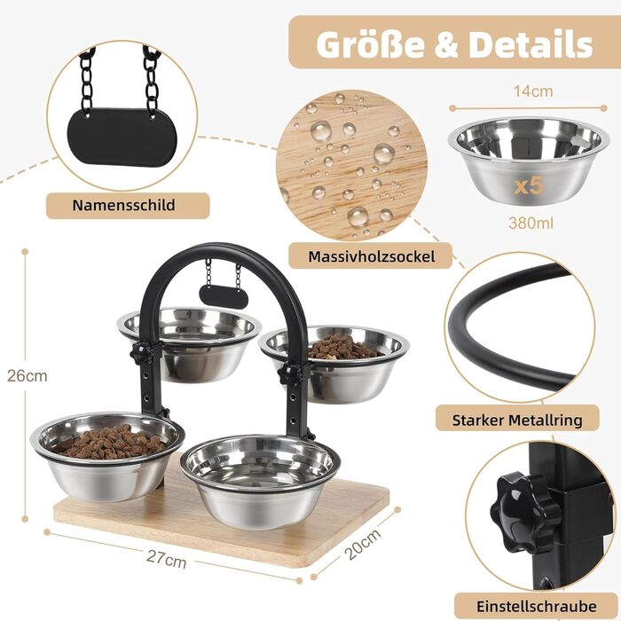 Підвищений годівниця для котів JUJOYBD з 4 нержавіючими мисками, регульована висота, станція годування, миски для їжі та води для котів та маленьких собак