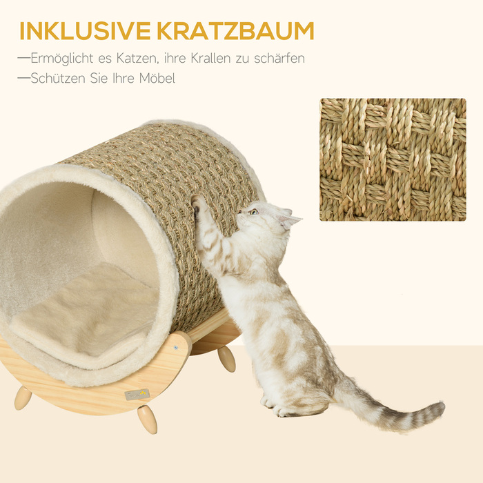 PawHut котячий будиночок з полицею, котяче ліжко, дряпка, деревина сосни, фланель, хакі, натуральний & бежевий, 41x38x43 см | Aosom