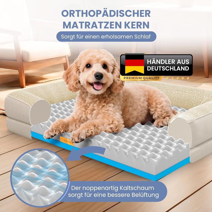 Ортопедичне ліжко для собак ELONEO - великі породи, 122x89x20 см. Корзина для собак з Memory Foam, водовідштовхуючий та пральний килимок, подушка для собак, матрац з м'якою оббивкою (76x51x17 см, кремовий)