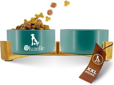 Набір мисок для собак та котів Bluzelle Balance Bowl XXL (2 шт, 850 мл) з кераміки та бамбука, антиковзні, для сухого та вологого корму, вода (білий, petrol)